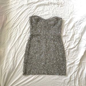 Parker Silver Beaded Sequin Mini Strapless Dress
